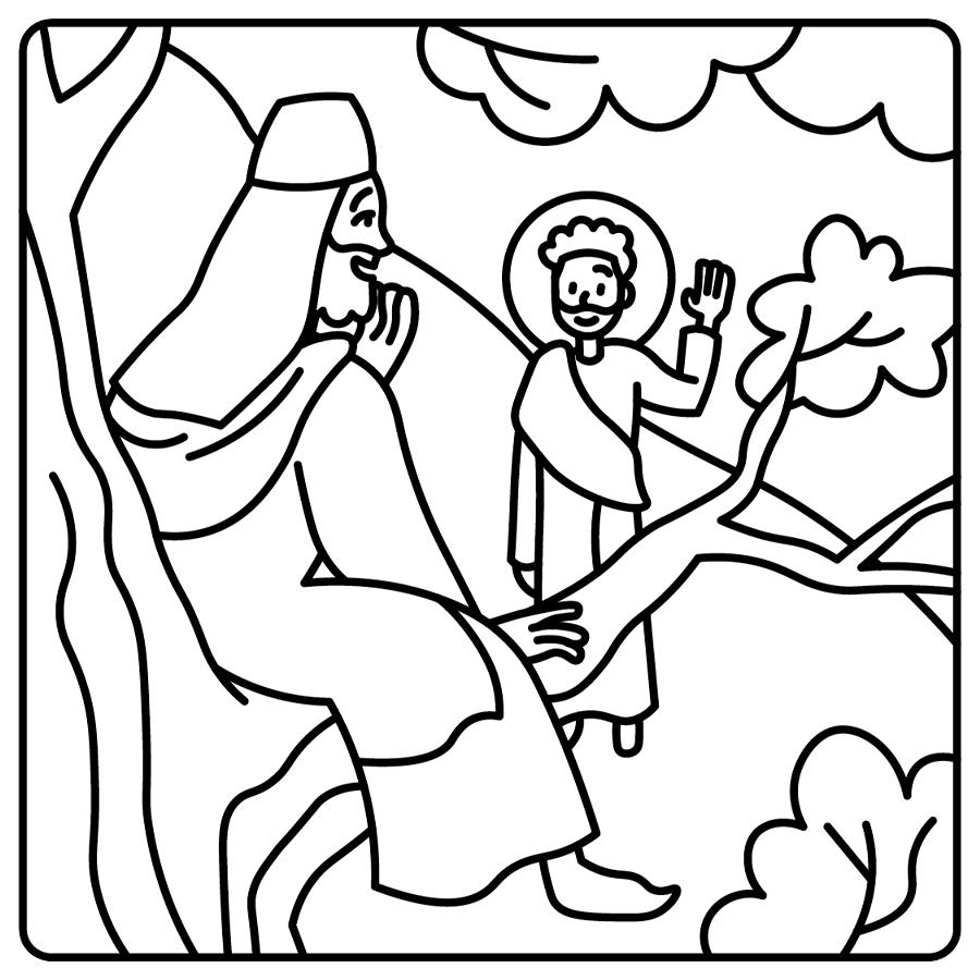 A line drawing of Jesus waving to Zacchaeus perched up in a tree