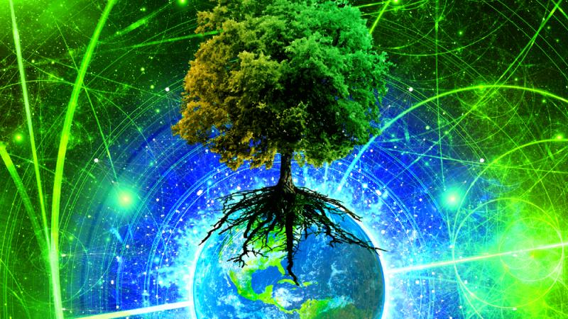 NOVUS Renewal concert art showing a tree on top of the Earth with green and blue hues