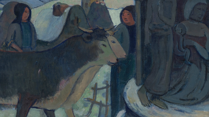 A painted scene featuring oxen approaching the Holy Family who are tucked away in the darkness of a barn, Christmas Night (The Blessing of the Oxen), Paul Gauguin