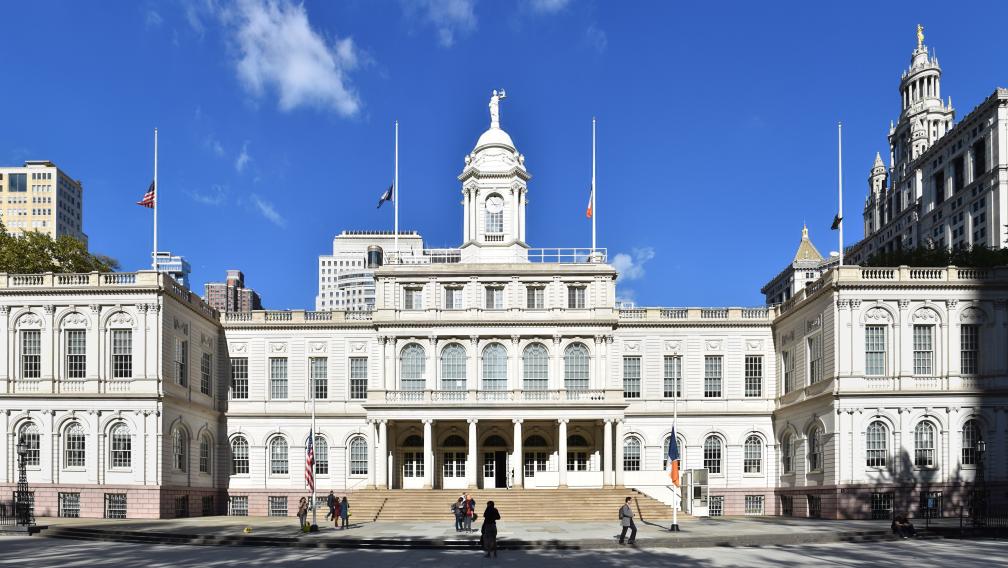 New York City Hall shot from the front on a sunny day.