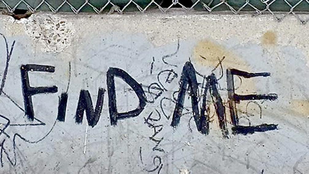 The words "Fine Me" painted in black on a cement barrier in the street