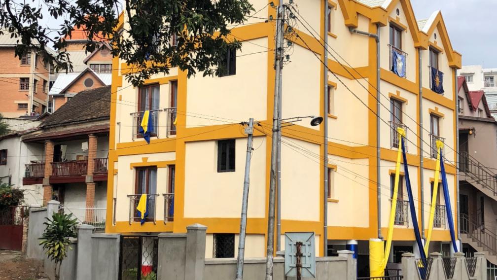 The exterior of the Trano Kambana commercial office building in Antananarivo, Madagascar.