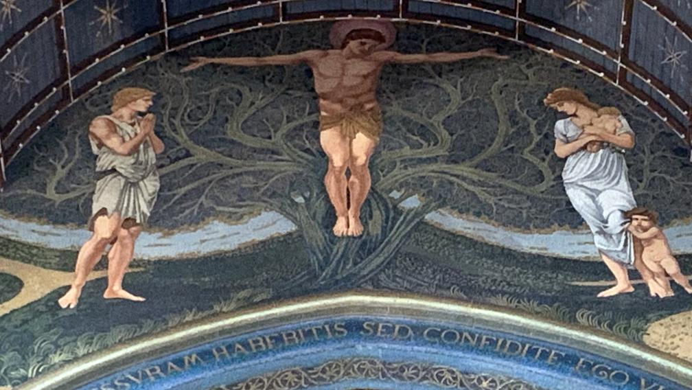 Mosaic showing Jesus on a cross and the tree of life