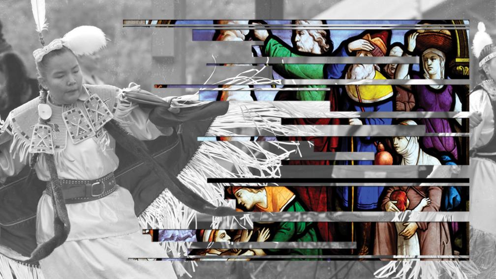 A photo collage intersecting a black and white photograph with colorful stained glass