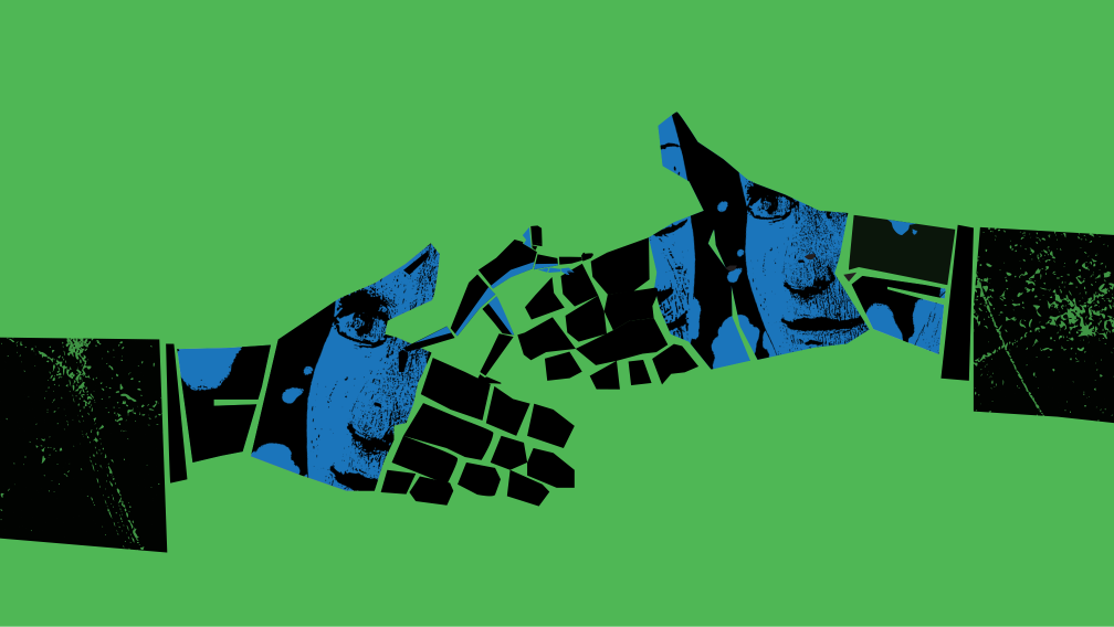 A graphic illustration of two hands reaching to each other and a human figure climbing across the gap from one hand to the other