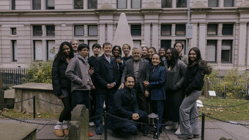 Ken Burns and Lin Manuel Miranda at Trinity Church NYC with NYC high schoolers