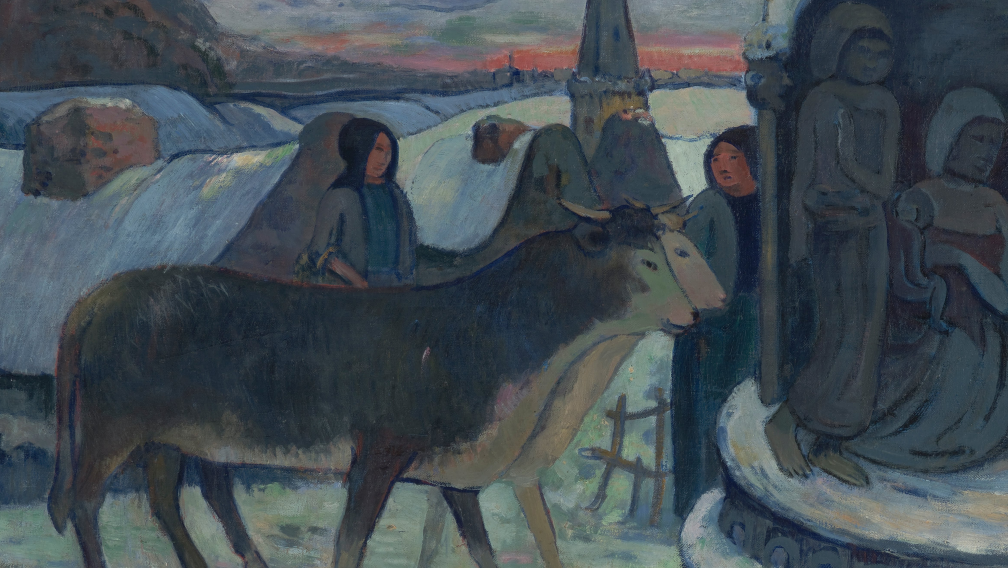 A painted scene featuring oxen approaching the Holy Family who are tucked away in the darkness of a barn