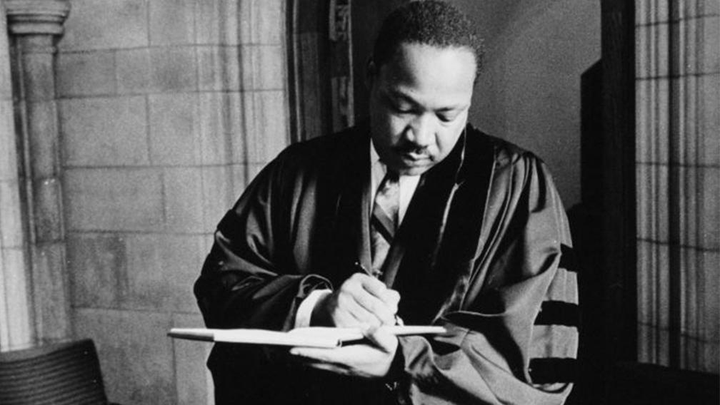 Martin Luther King Jr. in the offices of the Washington National Cathedral in 1968