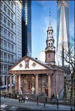 St. Paul's Chapel with One World Trade Center in the background