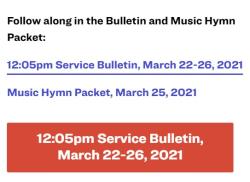 Where to find worship bulletins, a screenshot with blue text and a red button