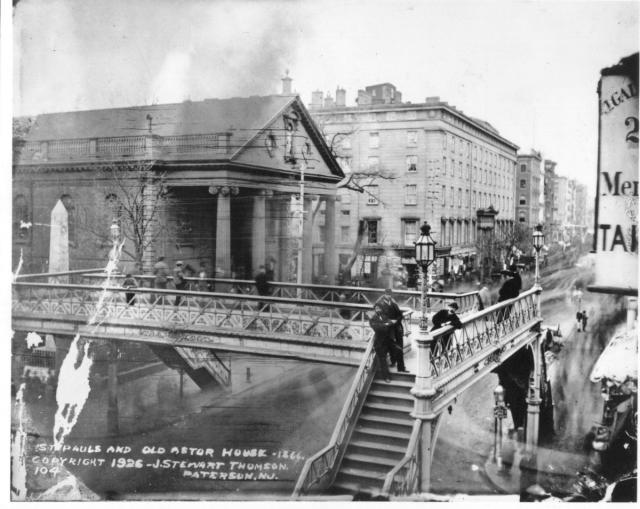 St. Paul's Chapel (and a pedestrian walkway over Broadway) in 1866, one hundred years after the chapel was completed. 