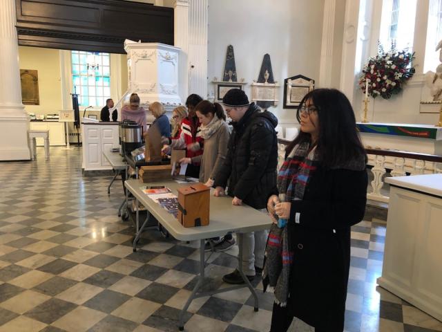 The table inside the church to give away brown bags.