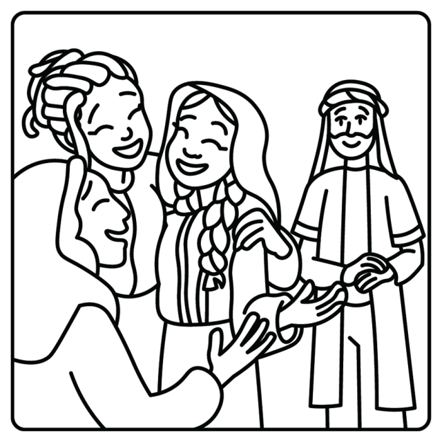 A line drawing of the Bible story of Tabitha's resurrection