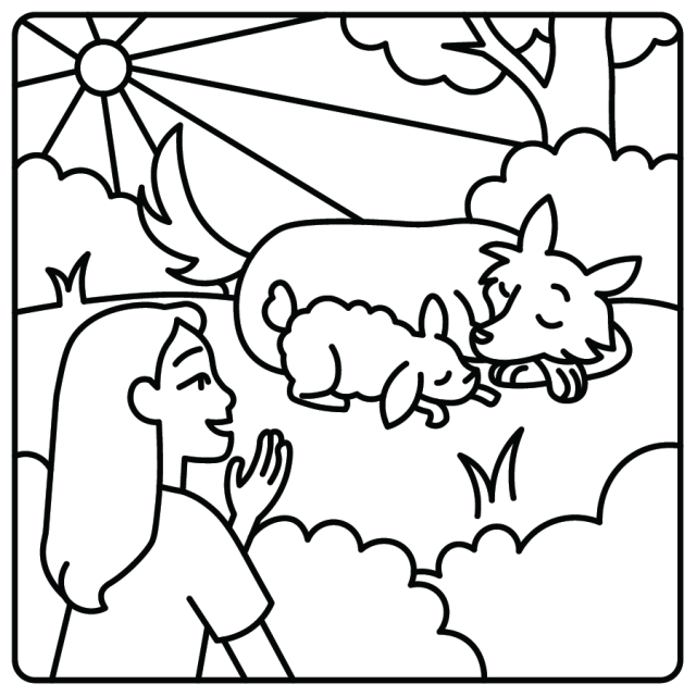 A line drawing of a person looking happily upon a wolf and a lamb lying together beneath a shining sun