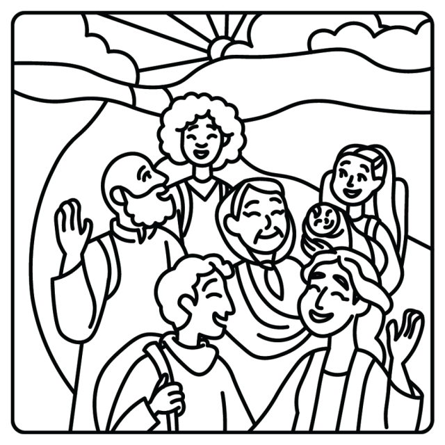 A line drawing of people of all ages walking happily down a path together while the sun shines behind them