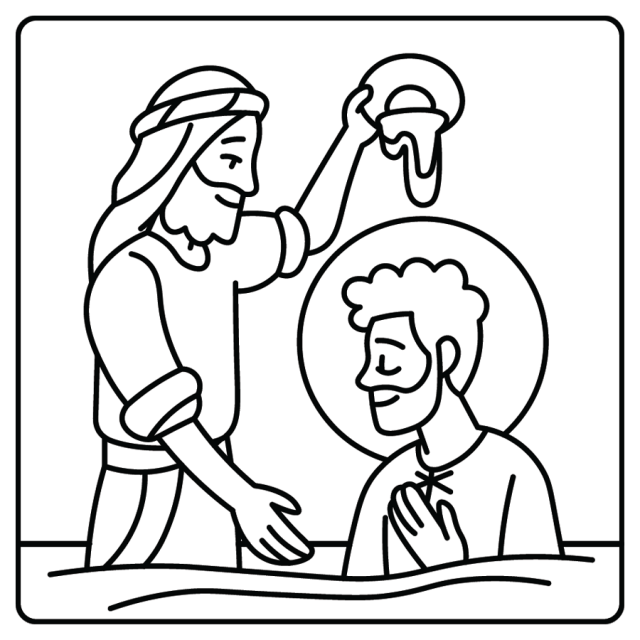 A line drawing of John the Baptist baptizing Jesus in the Jordan River