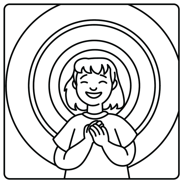 A cartoon line drawing of a happy child smiling and radiating joy