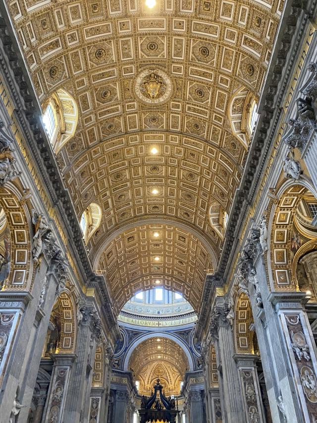 View of a highly ornamental church ceiling