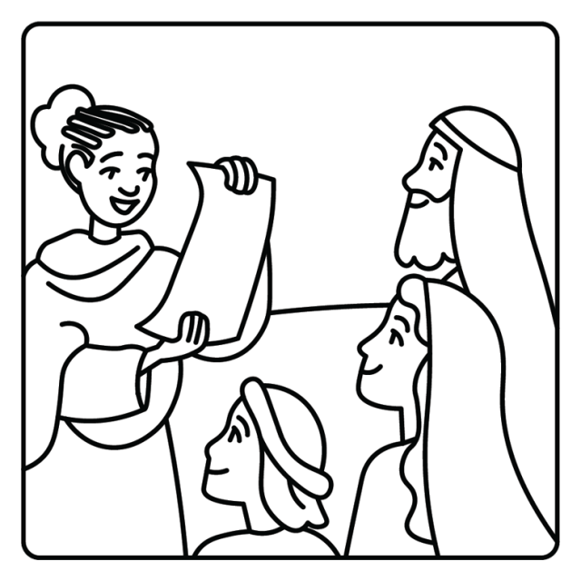 A cartoon line drawing of an early church leader reading a page to the community