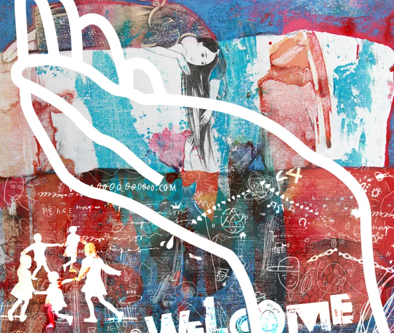 A digital collage featuring an open palm held up and the word "Welcome"