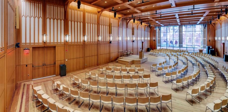 View of Parish Hall with chairs arranged for worship or a conference