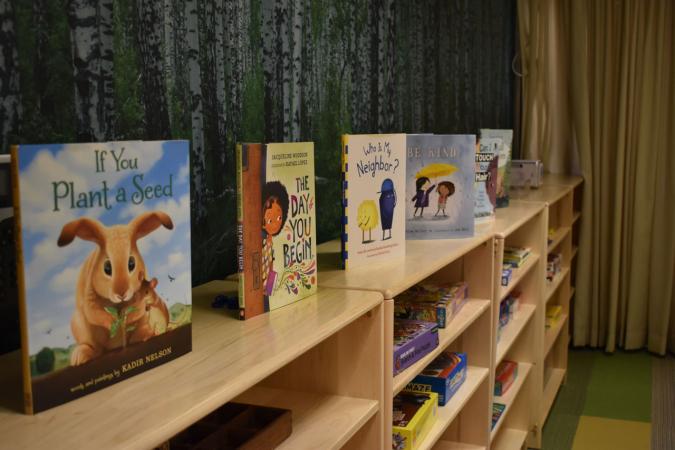 Detail of bookshelves in the Kids Club room