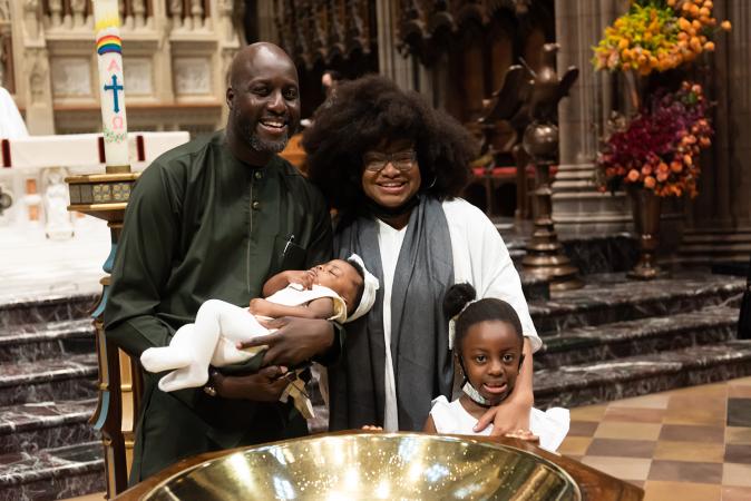 Families pose in Trinity Church on All Saints Sunday 2021