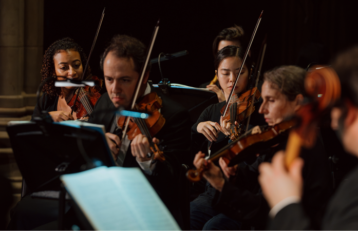 Close-up of violinists