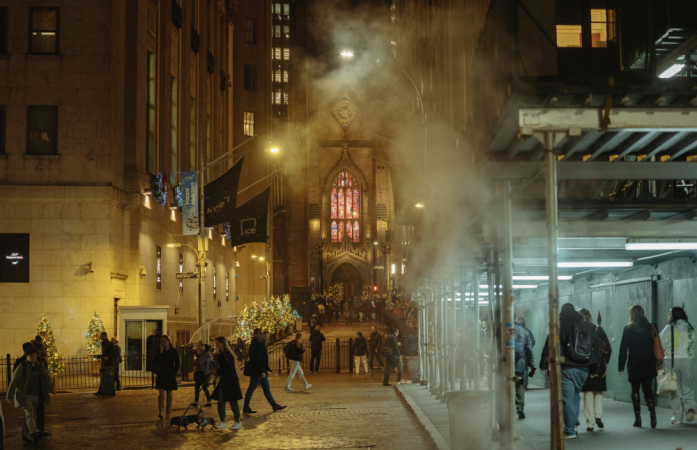 Mist covers the entrance of Trinity Church
