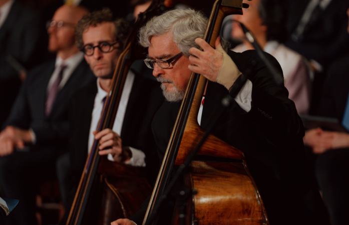 Close-up of cellists