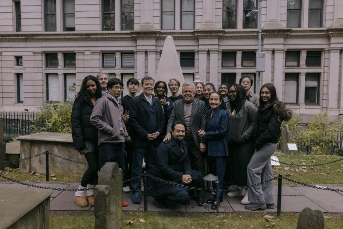 Ken Burns and Lin Manuel Miranda at Trinity Church NYC with NYC high schoolers