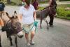 Women guide donkeys down a road