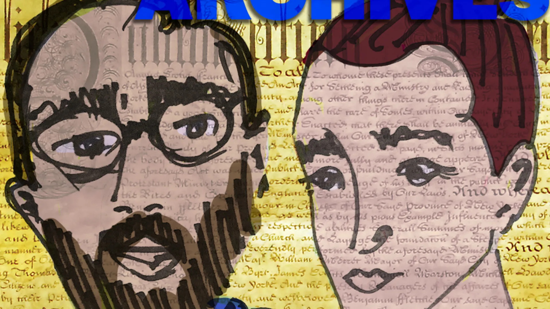 Ask Trinity Archives art with line drawing of Joe Lapinski and Marissa Maggs on a yellow background