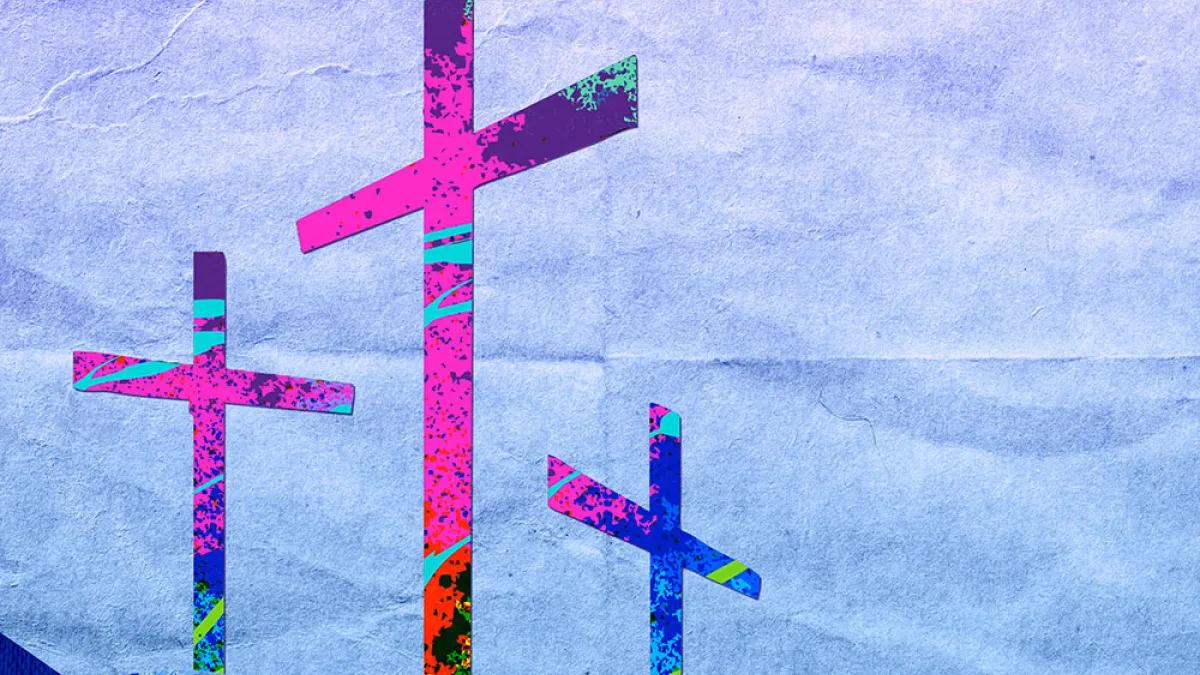 Illustration of three crosses on a hill