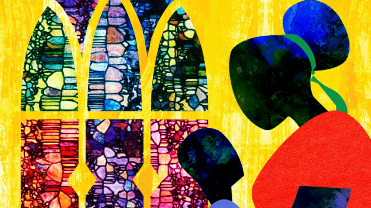 Illustration of mother and child in front of stained glass window