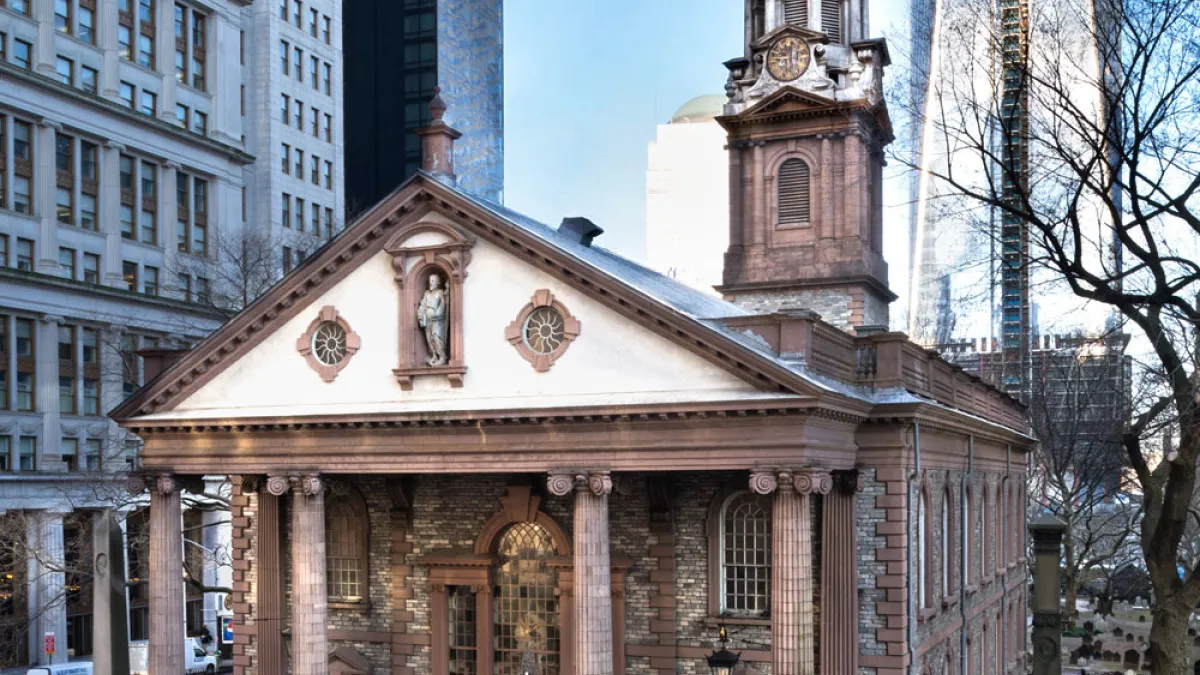 St. Paul's Chapel with One World Trade Center in the background