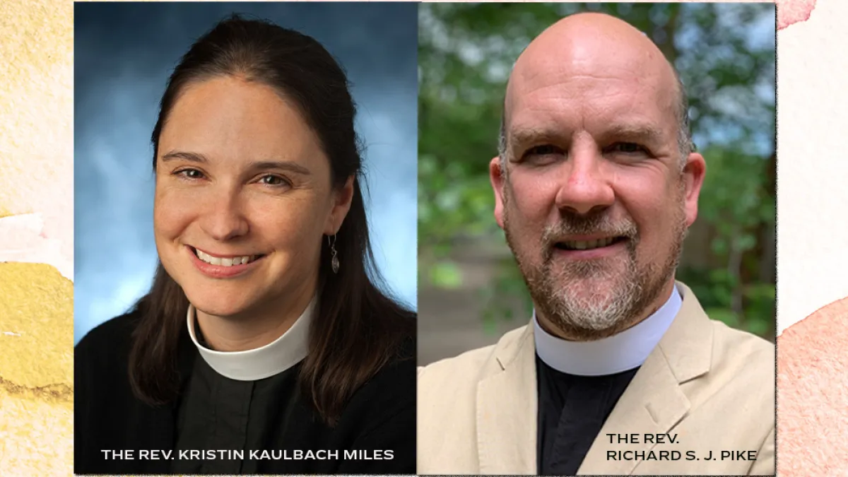 Headshots of the Rev. Richard S. J. Pike and the Rev. Kristin Kaulbach Miles over a muted watercolor background