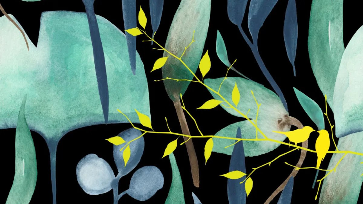 Blue and green leaves over a black background, with yellow accent leaves on top