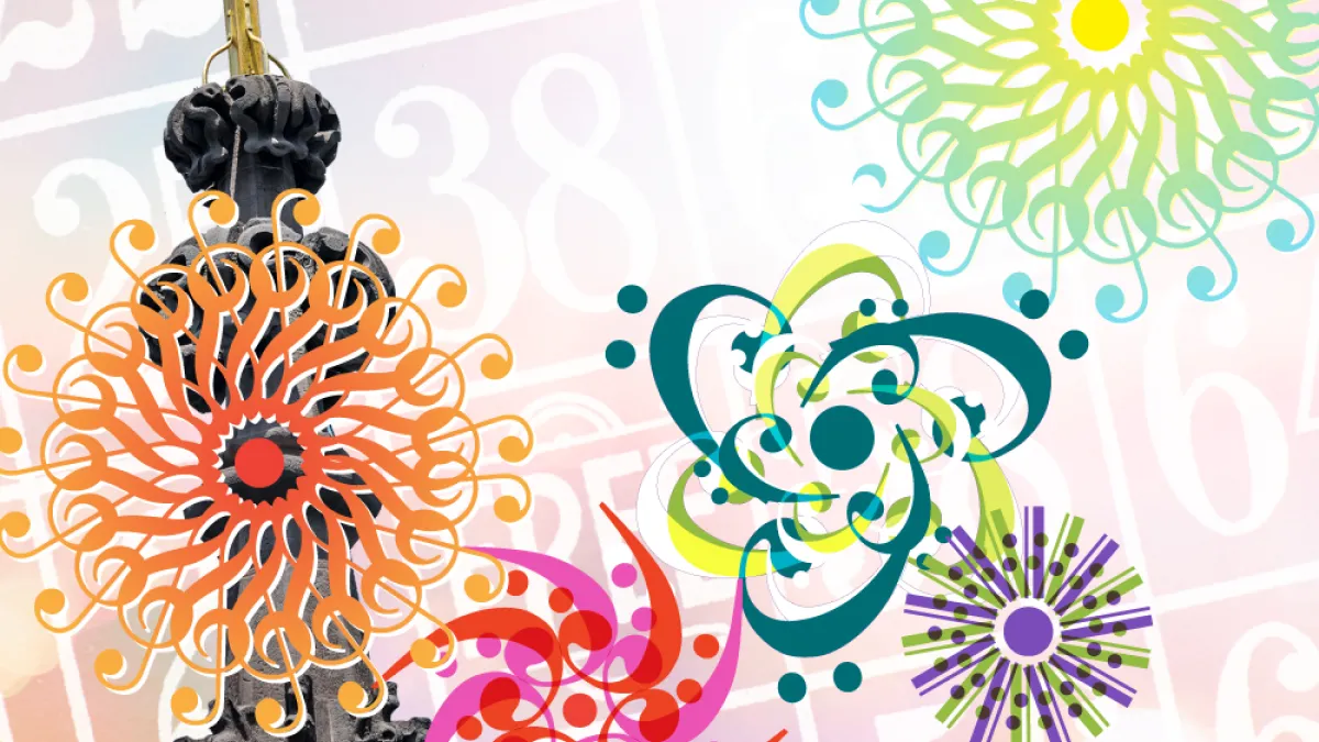 A festive design featuring the Trinity Church steeple and bursts of color made from interlocking music notes over a pink Bingo board background