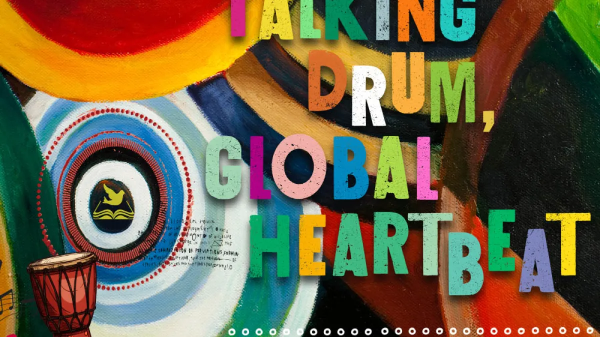 "Talking Drum, Global Heartbeat" set in colorful type over a rainbow-colored background of overlapping concentric circles