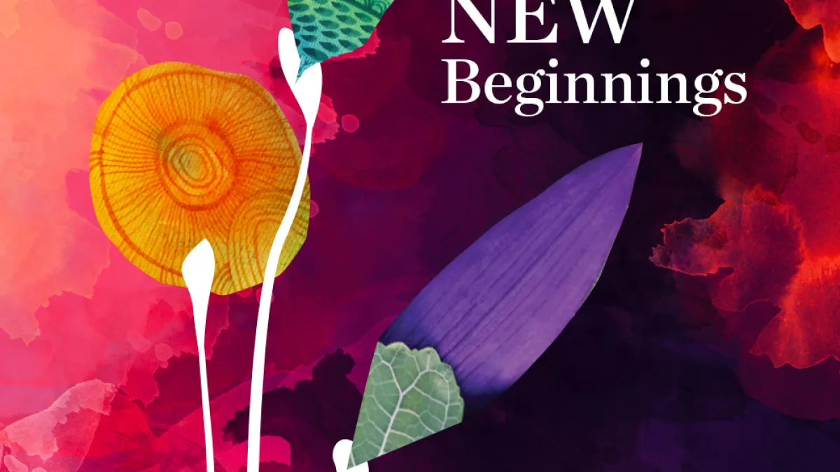 Water color flowers in vibrant orange, green, and purple, over a painted pink and deep purple background