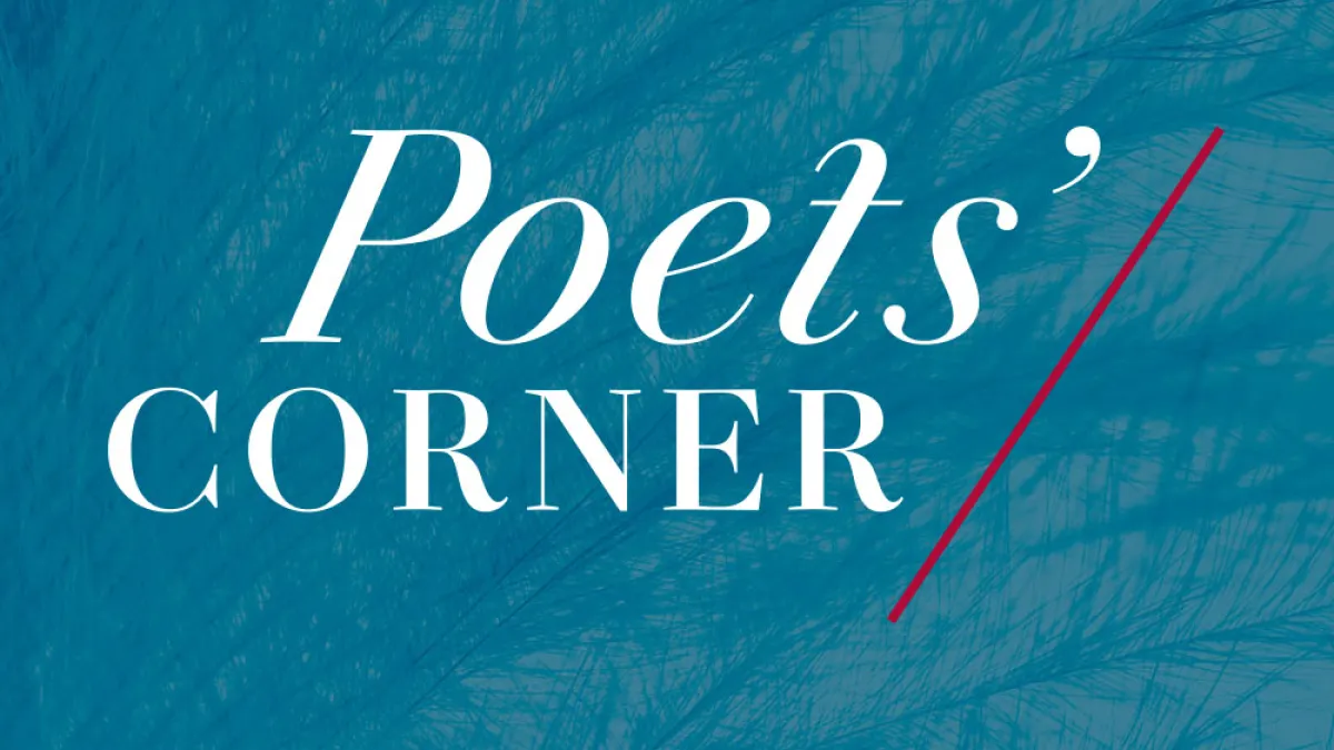 "Poets' Corner" white text over blue background with feather texture
