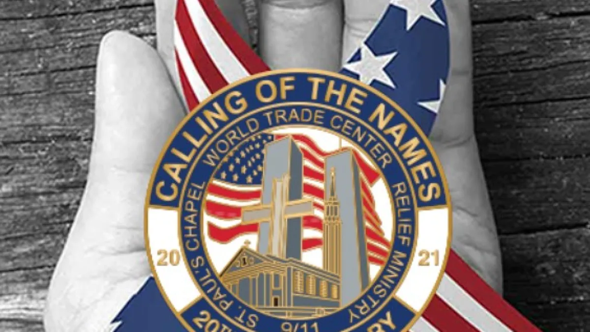 Logo for Calling of the Names - a medal, a hand, and a red, white and blue ribbon