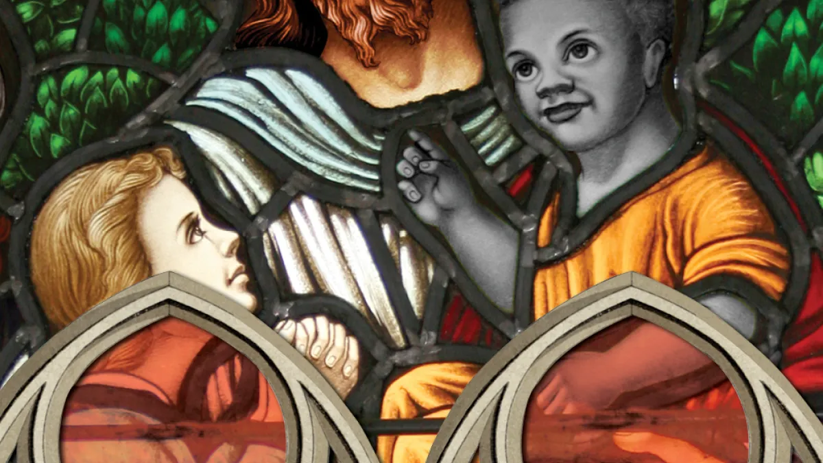 Stained glass image of Jesus and children