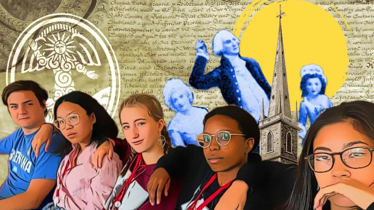 Text reads "Trinity History Fellows Present..." with a composite image of teenagers over historical figures from Trinity's past.