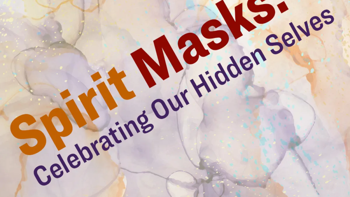 Spirit Masks text on a purple and orange marbled background