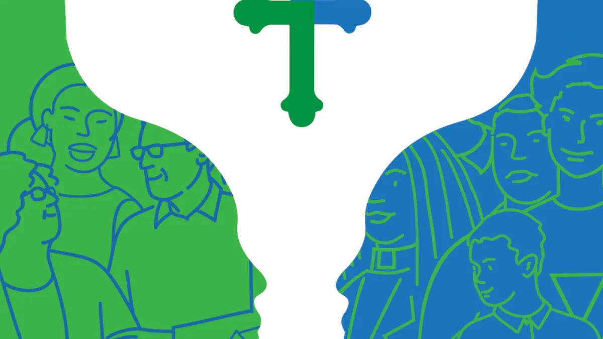 Reverse silhouette of chalice surrounded by drawings of people of all ages and backgrounds