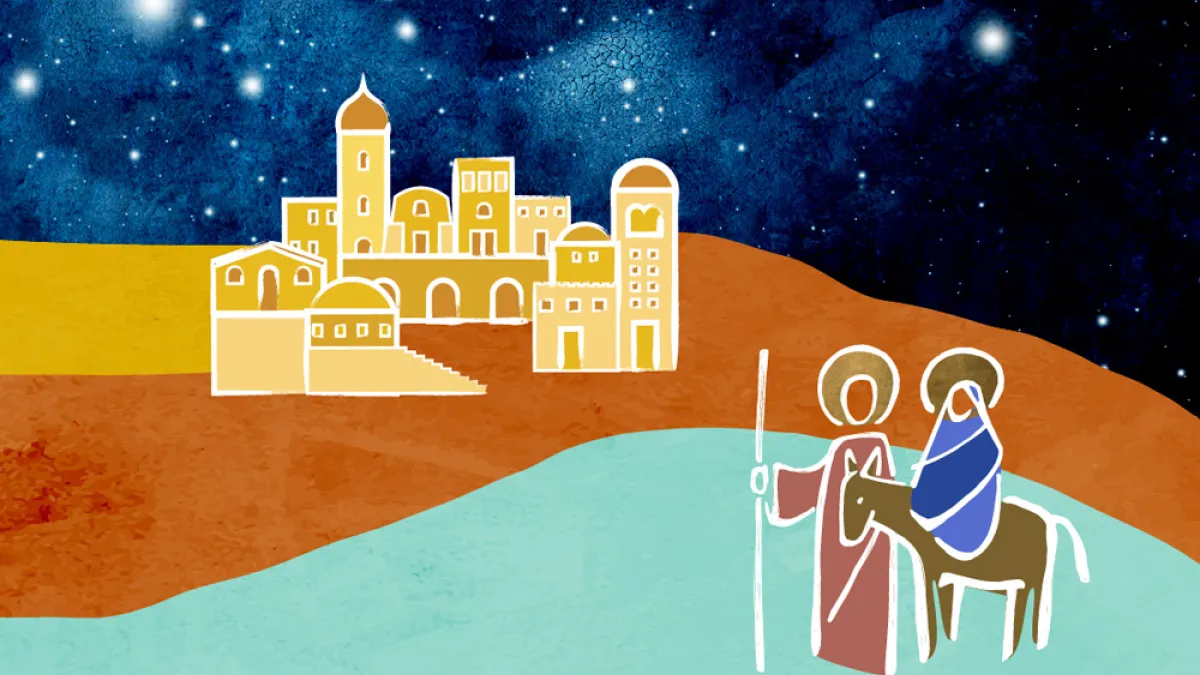 An illustration of Mary and Joseph on their way to Bethlehem