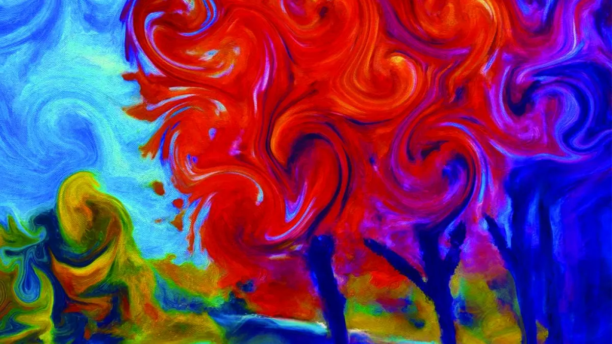 Painting of a fire-red tree