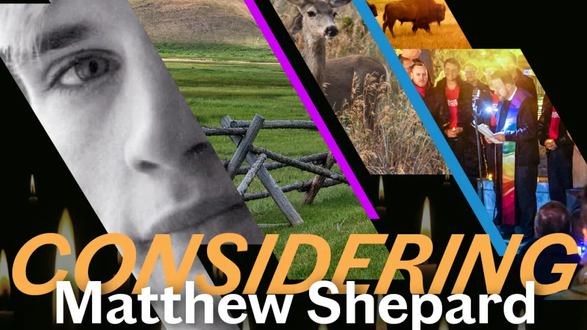 Considering Matthew Shepard art with slices of images on a black background